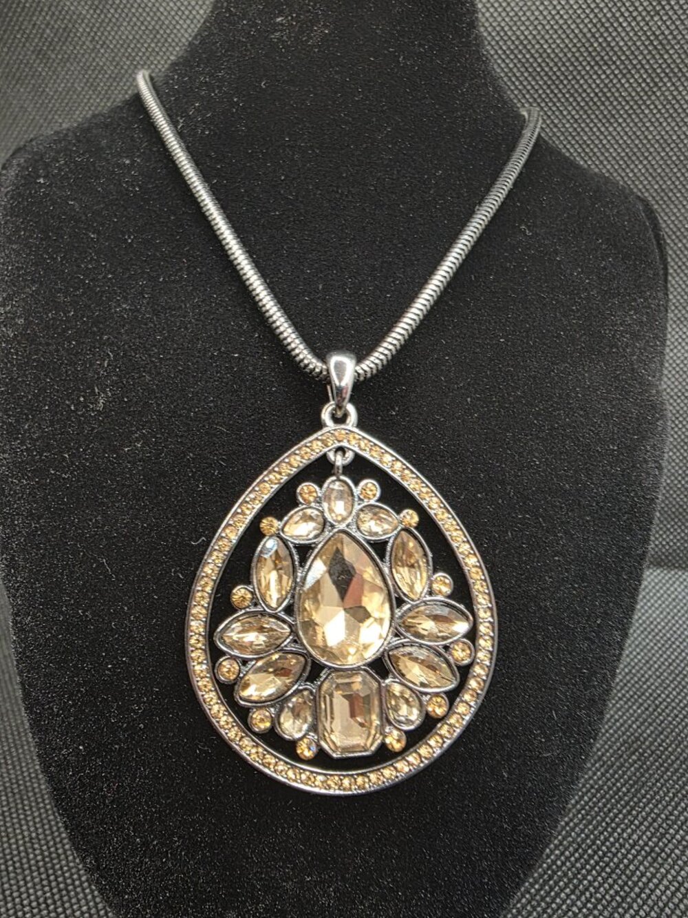 Black Gunmetal Statement Necklace Smoky Champagne Crystal Teardrop Pendant